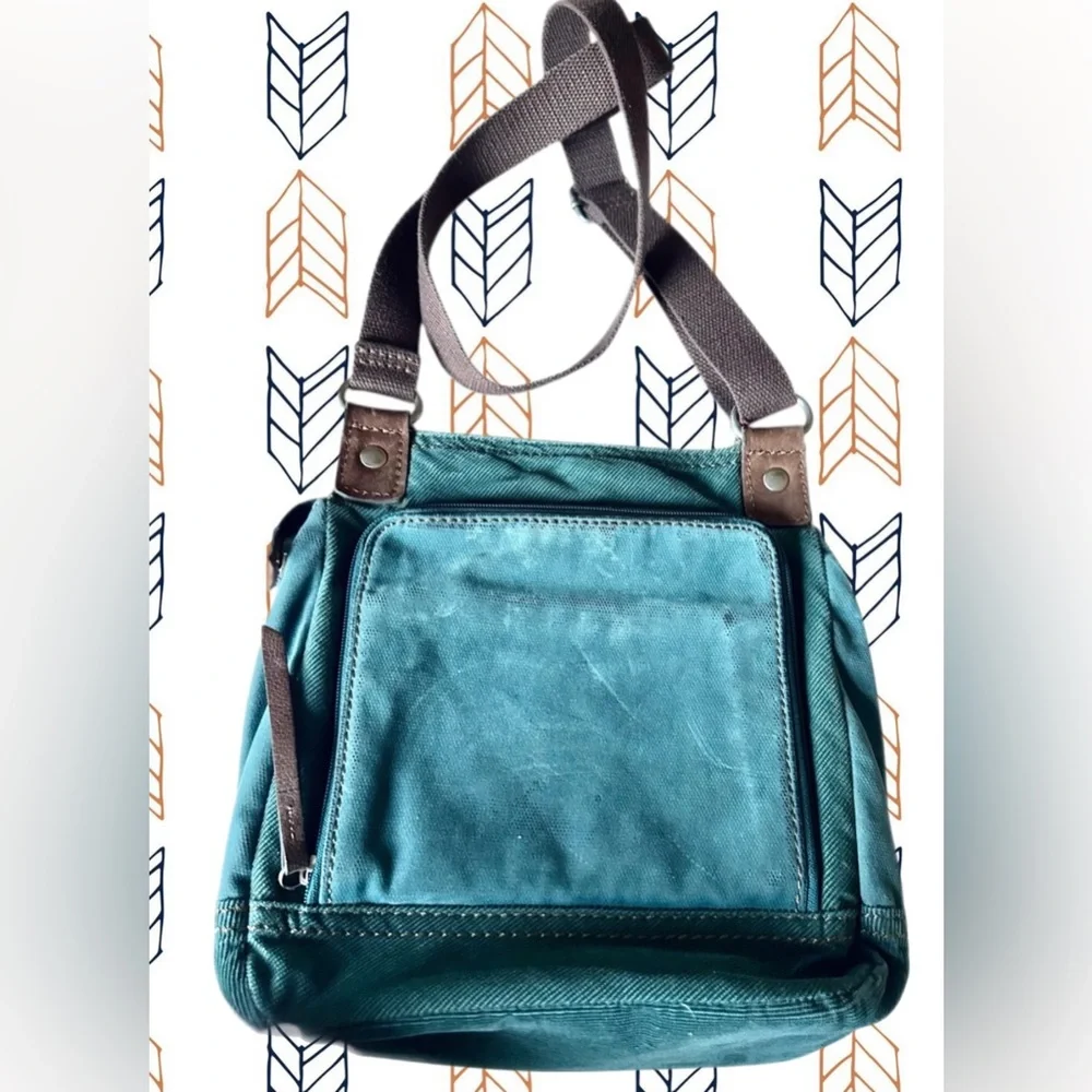 Fossil Teal Green Velvet Corduroy with Brown Leather Trim & Stitching Crossbody